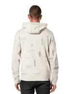 Felpa con cappuccio Alpinestars Plenitude, vista posteriore, bianco sporco con stampa integrale grigia di slogan e loghi del marchio, abbigliamento sportivo casual, polsini e orlo a costine, felpa per l'uso quotidiano