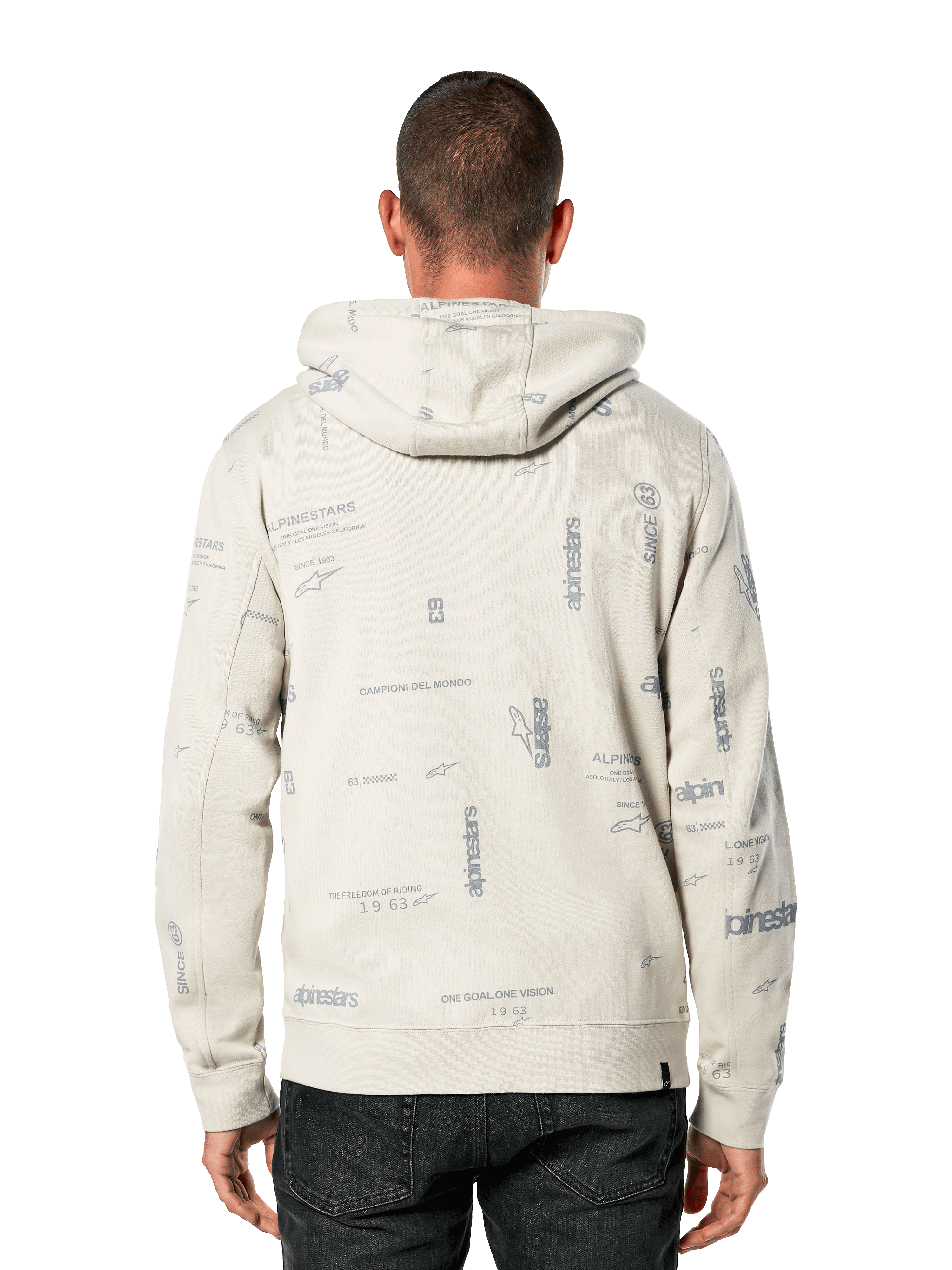 Felpa con cappuccio Alpinestars Plenitude, vista posteriore, bianco sporco con stampa integrale grigia di slogan e loghi del marchio, abbigliamento sportivo casual, polsini e orlo a costine, felpa per l'uso quotidiano