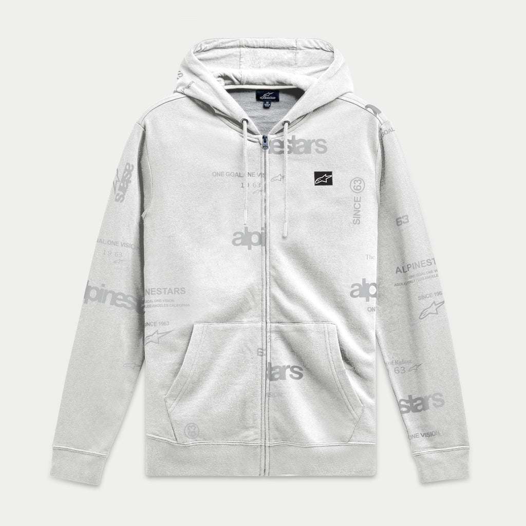 Alpinestars Plenitude Hoodie, felpa con zip frontale, bianco sporco con stampa logo grigia all-over, patch logo Ageless nera sul petto, tasche a marsupio, cappuccio con cordino, streetwear casual ispirato al motorsport