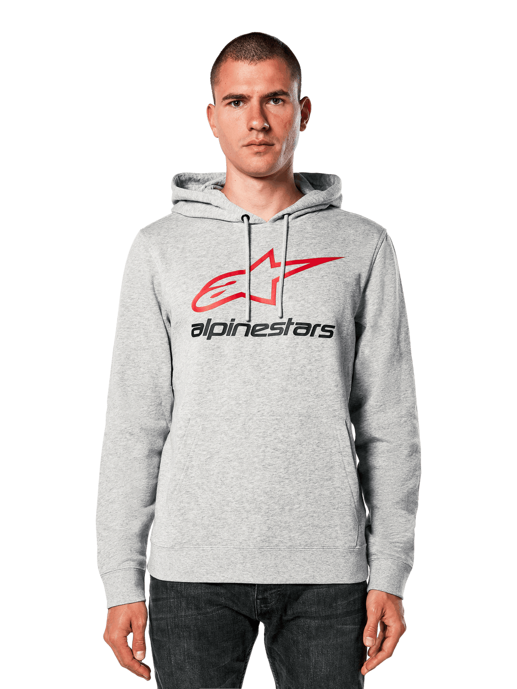 Alpinestars Always V3 Hoodie, felpa grigio chiaro melange con logo a stella rosso e nero, indossata da un modello, streetwear casual, cappuccio con cordino, tasca a marsupio frontale, design ispirato al motorsport