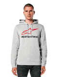 Alpinestars Always V3 Hoodie, felpa grigio chiaro melange con logo a stella rosso e nero, indossata da un modello, streetwear casual, cappuccio con cordino, tasca a marsupio frontale, design ispirato al motorsport