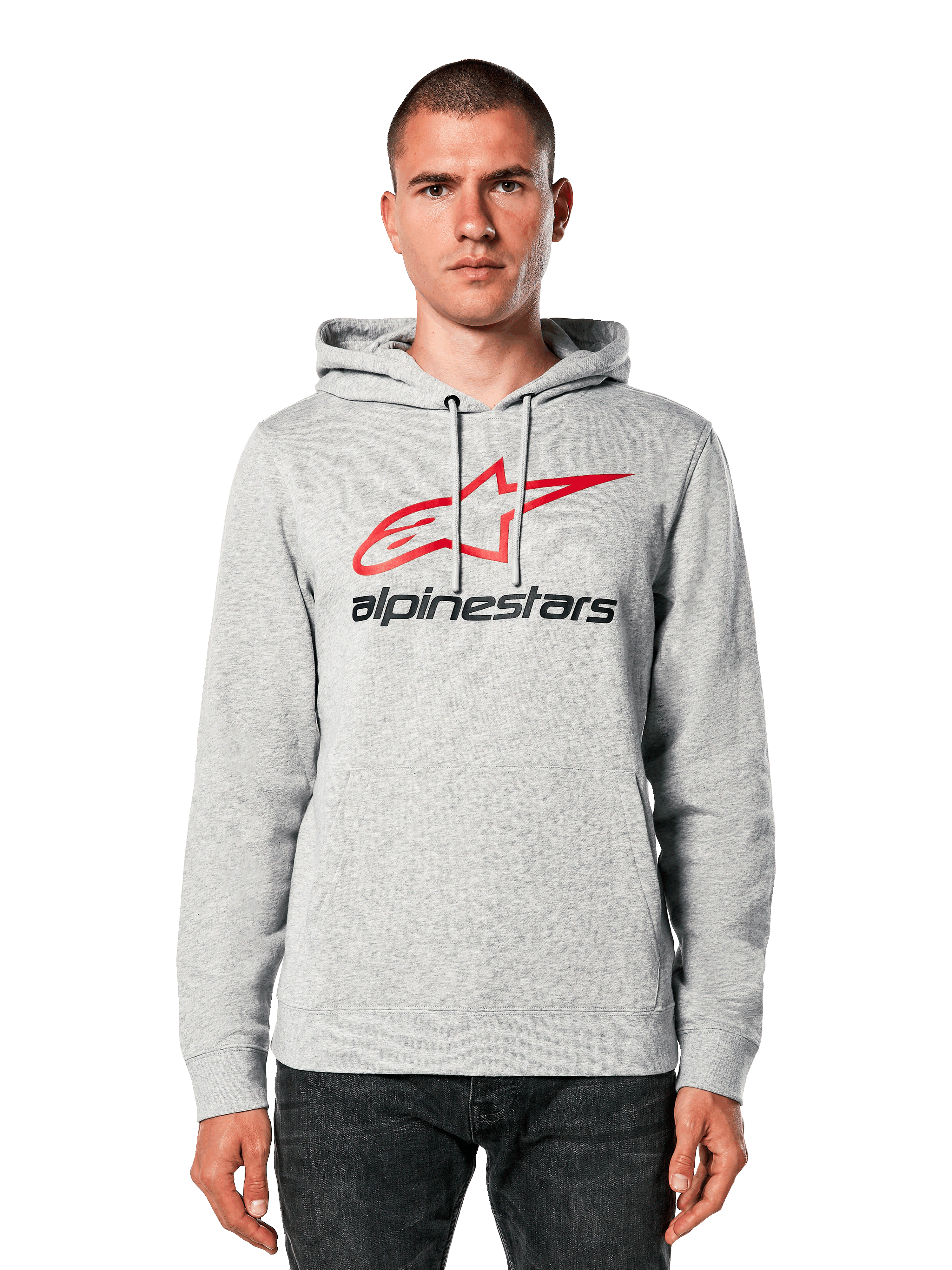 Alpinestars Always V3 Hoodie, felpa grigio chiaro melange con logo a stella rosso e nero, indossata da un modello, streetwear casual, cappuccio con cordino, tasca a marsupio frontale, design ispirato al motorsport