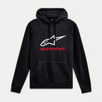 Alpinestars Always V3 Hoodie, felpa nera con cappuccio, logo a stella bianco e marchio rosso, streetwear casual motorsport, polsini e orlo a coste