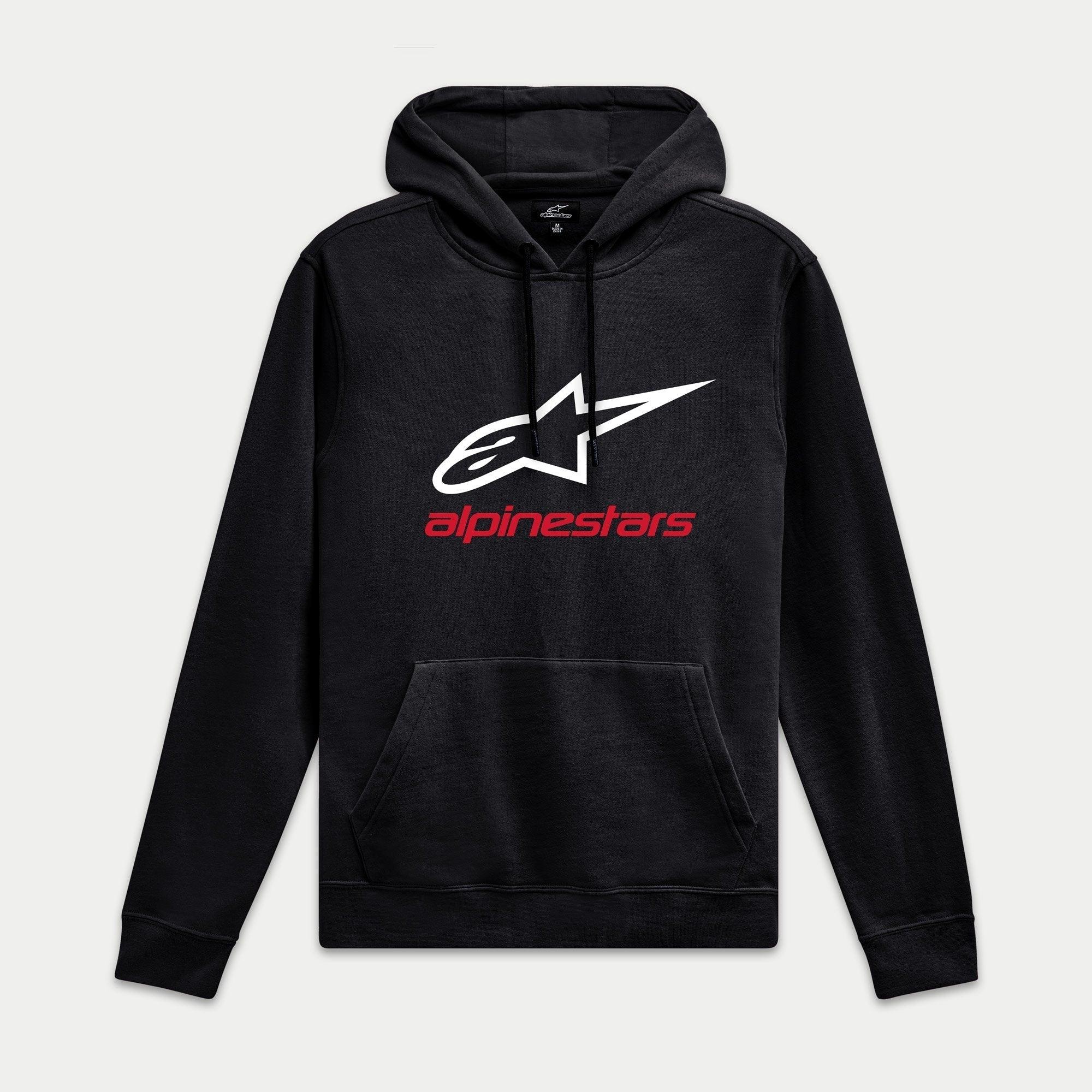 Alpinestars Always V3 Hoodie, felpa nera con cappuccio, logo a stella bianco e marchio rosso, streetwear casual motorsport, polsini e orlo a coste