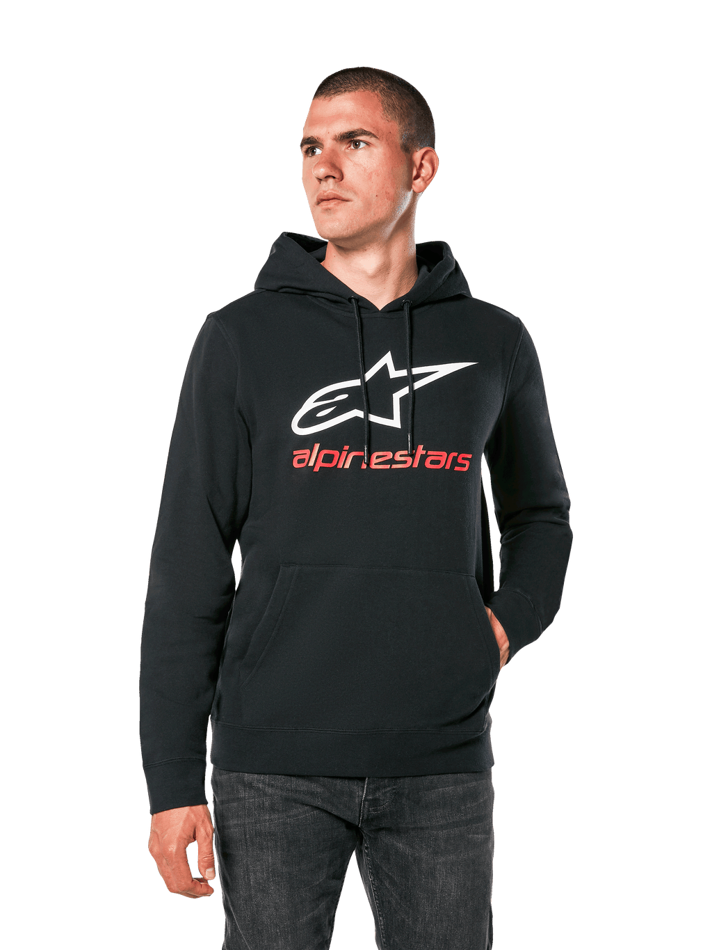 Alpinestars Always V3 Hoodie, felpa casual nera con logo a stella bianco e scritta alpinestars rossa, design pullover con tasca a marsupio frontale, lifestyle motorsport streetwear