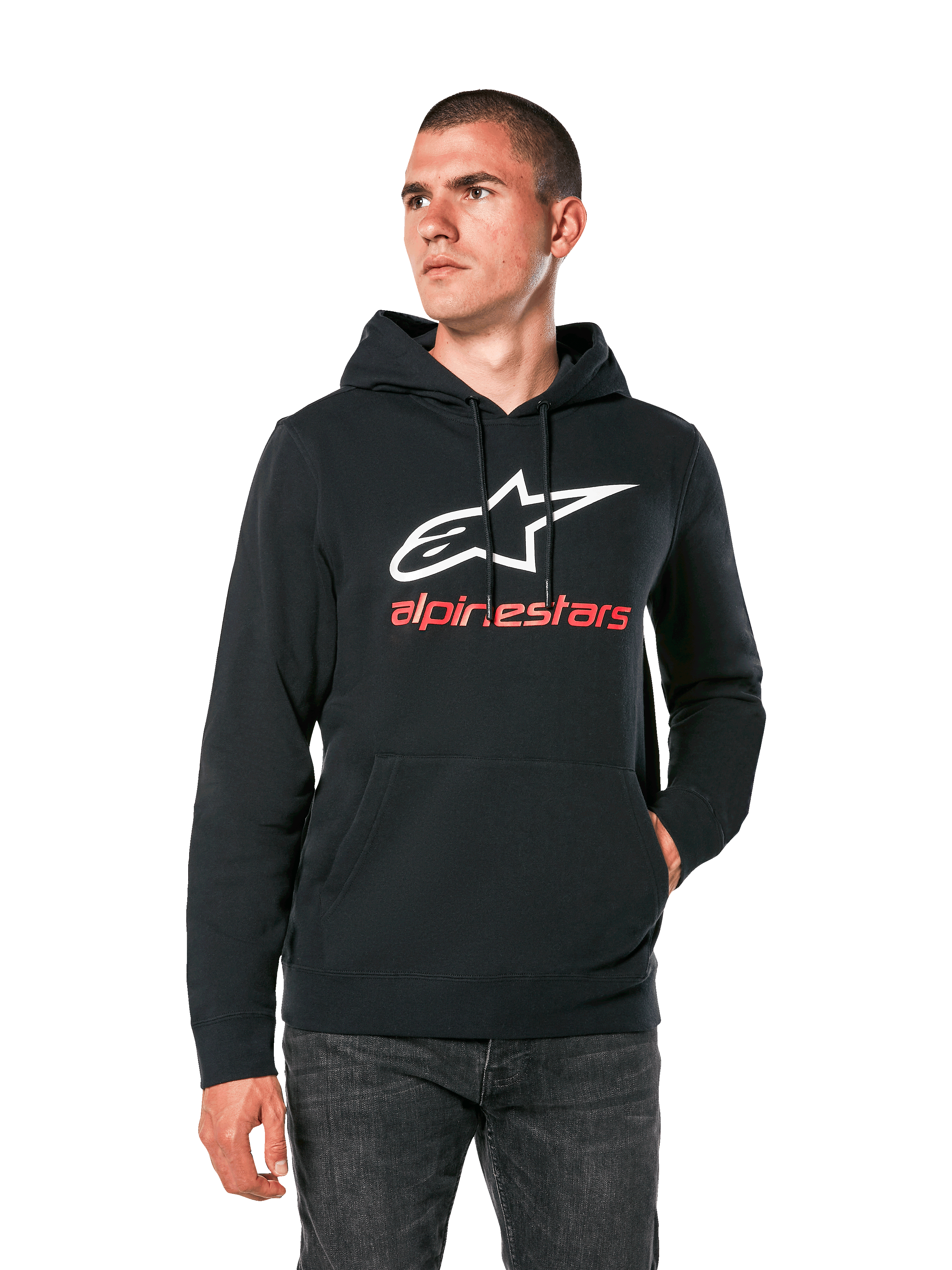 Alpinestars Always V3 Hoodie, felpa casual nera con logo a stella bianco e scritta alpinestars rossa, design pullover con tasca a marsupio frontale, lifestyle motorsport streetwear