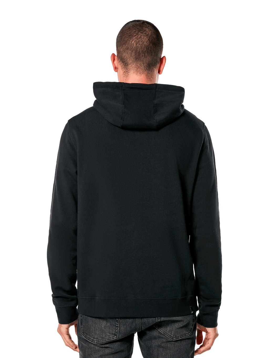 Alpinestars Blaze V3 Hoodie, vista posteriore di un uomo che indossa una felpa nera, polsini e orlo a coste, cappuccio foderato in jersey, abbigliamento streetwear casual ispirato al motorsport