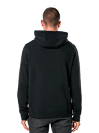 Alpinestars Blaze V3 Hoodie, vista posteriore di un uomo che indossa una felpa nera, polsini e orlo a coste, cappuccio foderato in jersey, abbigliamento streetwear casual ispirato al motorsport