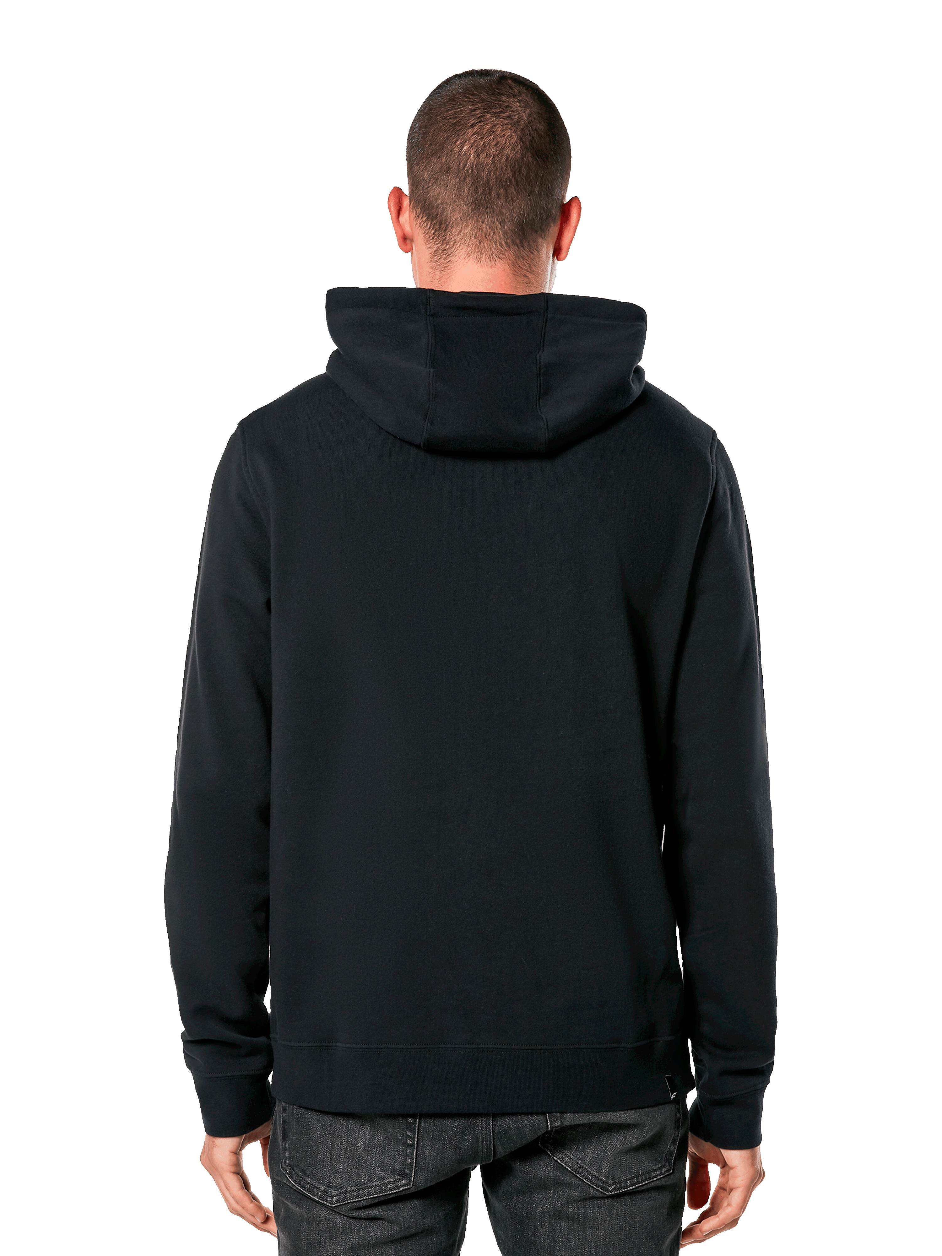 Alpinestars Blaze V3 Hoodie, vista posteriore di un uomo che indossa una felpa nera, polsini e orlo a coste, cappuccio foderato in jersey, abbigliamento streetwear casual ispirato al motorsport