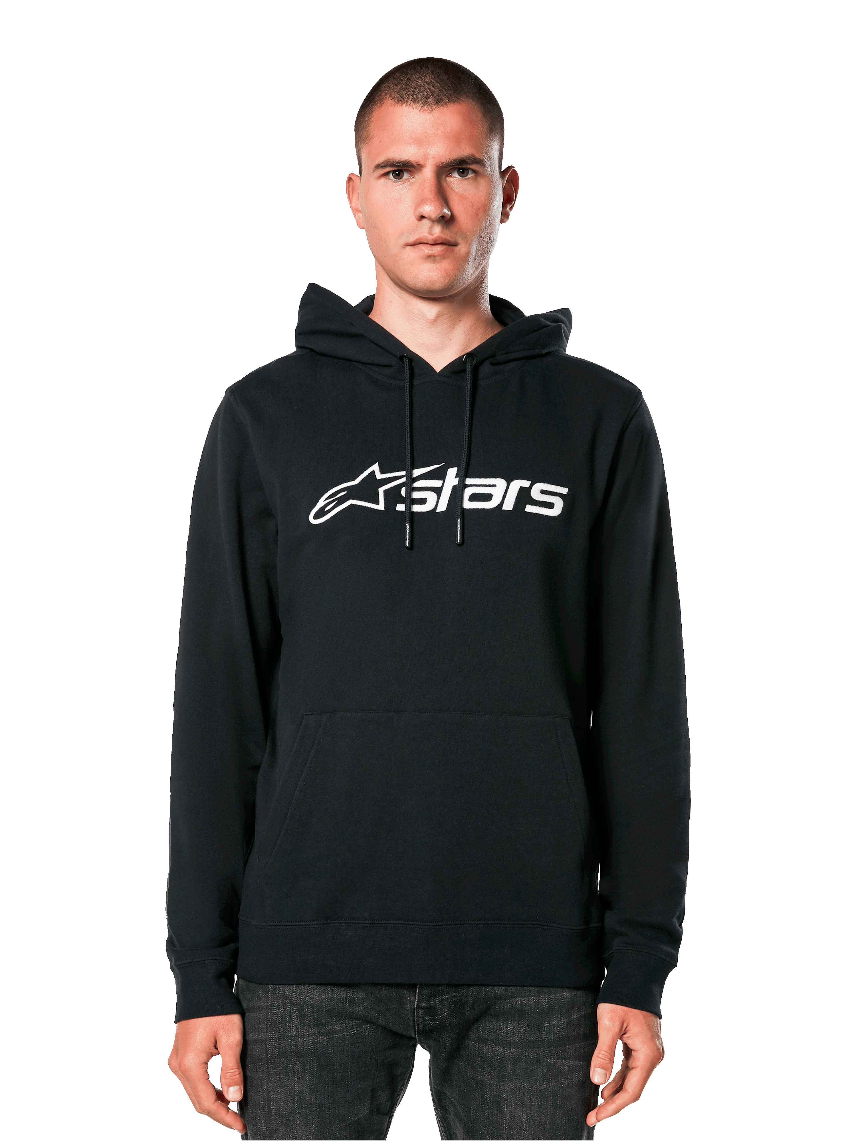 Felpa con cappuccio Alpinestars Blaze V3, nera con logo bianco, streetwear casual, con tasca a marsupio frontale e cappuccio con cordino, indossata da un uomo, design moderno ispirato al motorsport