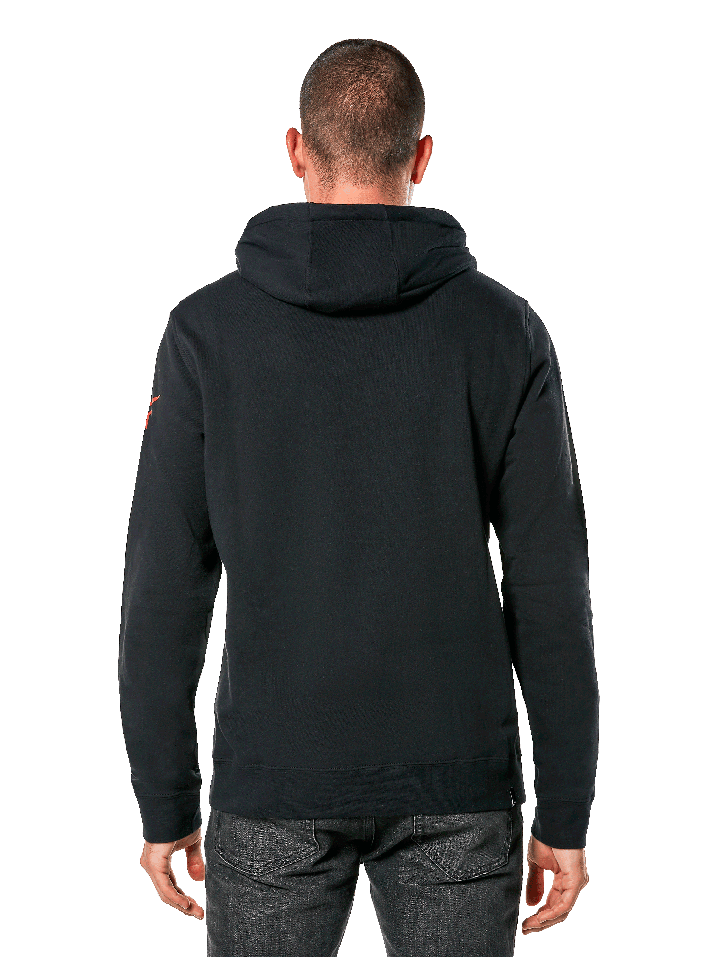 Alpinestars Linear Wordmark V3 Hoodie, streetwear casual, felpa nera con cappuccio vista dal retro, logo rosso sulla manica, polsini e orlo a costine, design moderno ispirato al motorsport