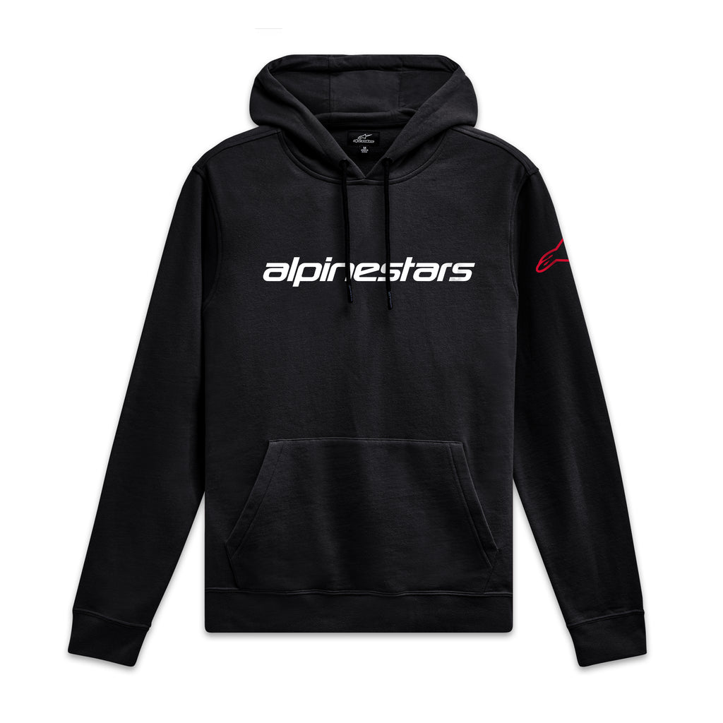Alpinestars Felpa Con Cappuccio Linear Wordmark V3, felpa sportiva nera con logo bianco sul petto e marchio rosso sulla manica