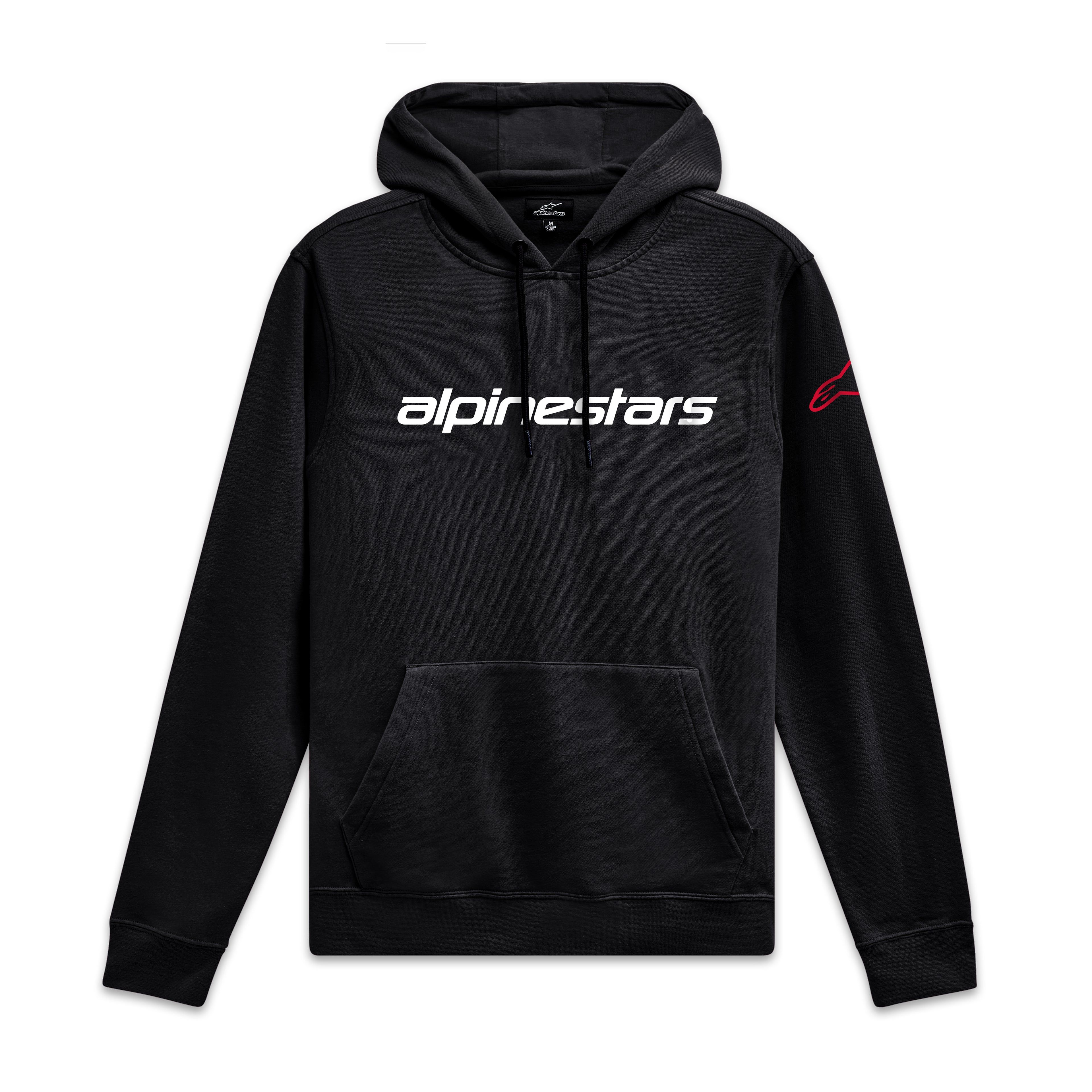 Alpinestars Felpa Con Cappuccio Linear Wordmark V3, felpa sportiva nera con logo bianco sul petto e marchio rosso sulla manica