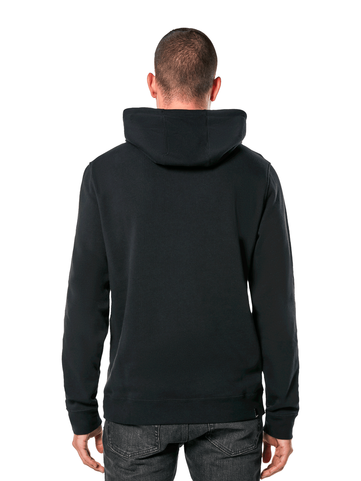 Alpinestars Ride 4.0 Hoodie, vista posteriore, streetwear casual nero, felpa in pile a tinta unita con cappuccio, polsini e orlo a costine, indossata con jeans scuri, design moderno ispirato al motorsport