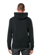 Alpinestars Ride 4.0 Hoodie, vista posteriore, streetwear casual nero, felpa in pile a tinta unita con cappuccio, polsini e orlo a costine, indossata con jeans scuri, design moderno ispirato al motorsport