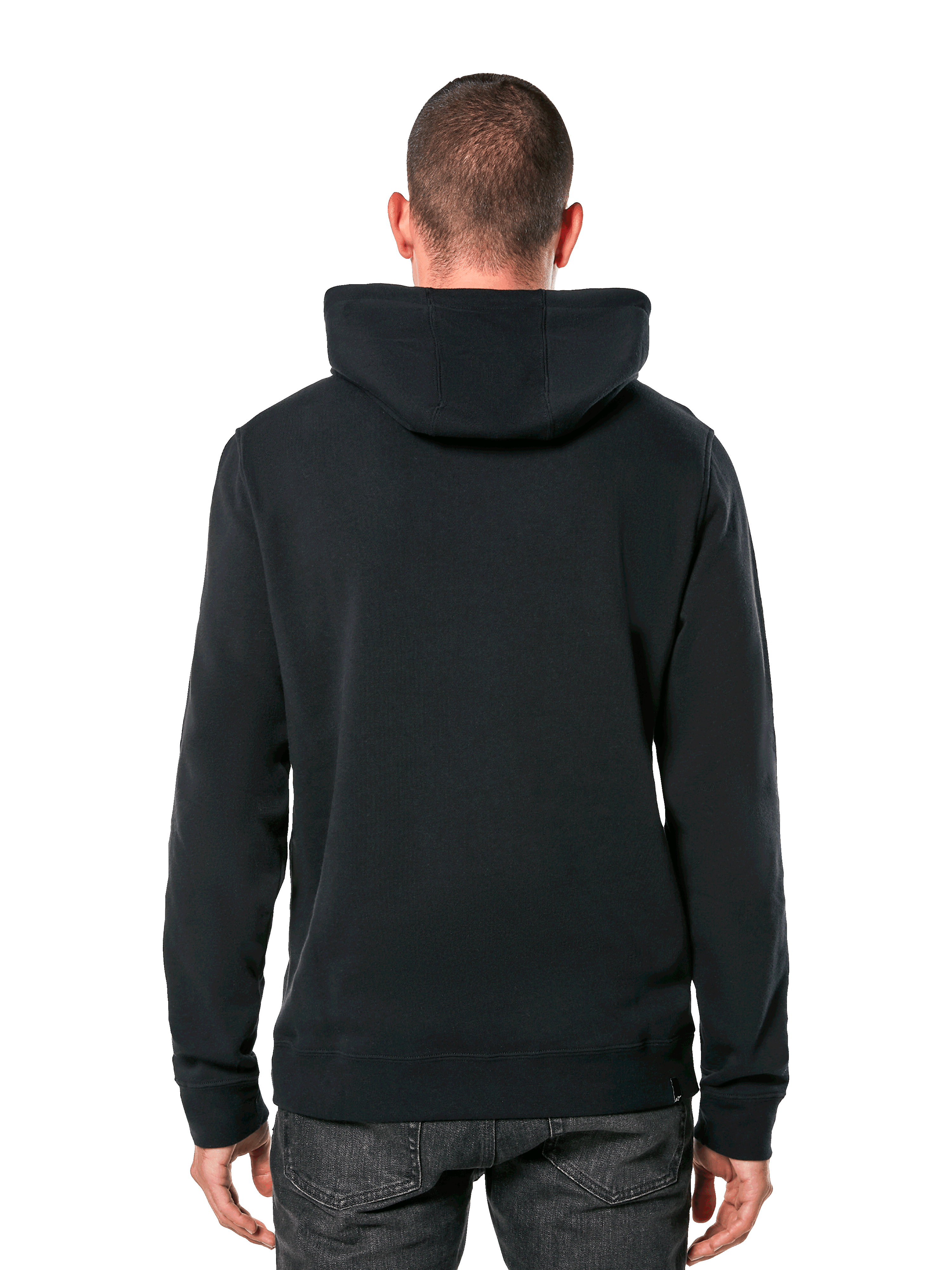 Alpinestars Ride 4.0 Hoodie, vista posteriore, streetwear casual nero, felpa in pile a tinta unita con cappuccio, polsini e orlo a costine, indossata con jeans scuri, design moderno ispirato al motorsport