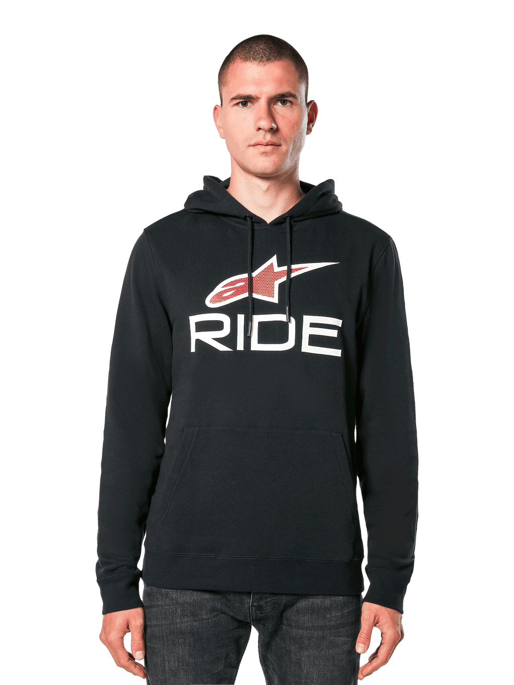 Alpinestars Ride 4.0 Hoodie, felpa con cappuccio nera con logo a stella bianco e rosso e scritta RIDE, felpa pullover con cappuccio a coulisse e tasca frontale, abbigliamento casual ispirato al motorsport