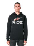 Alpinestars Ride 4.0 Hoodie, felpa con cappuccio nera con logo a stella bianco e rosso e scritta RIDE, felpa pullover con cappuccio a coulisse e tasca frontale, abbigliamento casual ispirato al motorsport