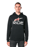Alpinestars Ride 4.0 Hoodie, felpa con cappuccio nera con logo a stella bianco e rosso e scritta RIDE, felpa pullover con cappuccio a coulisse e tasca frontale, abbigliamento casual ispirato al motorsport