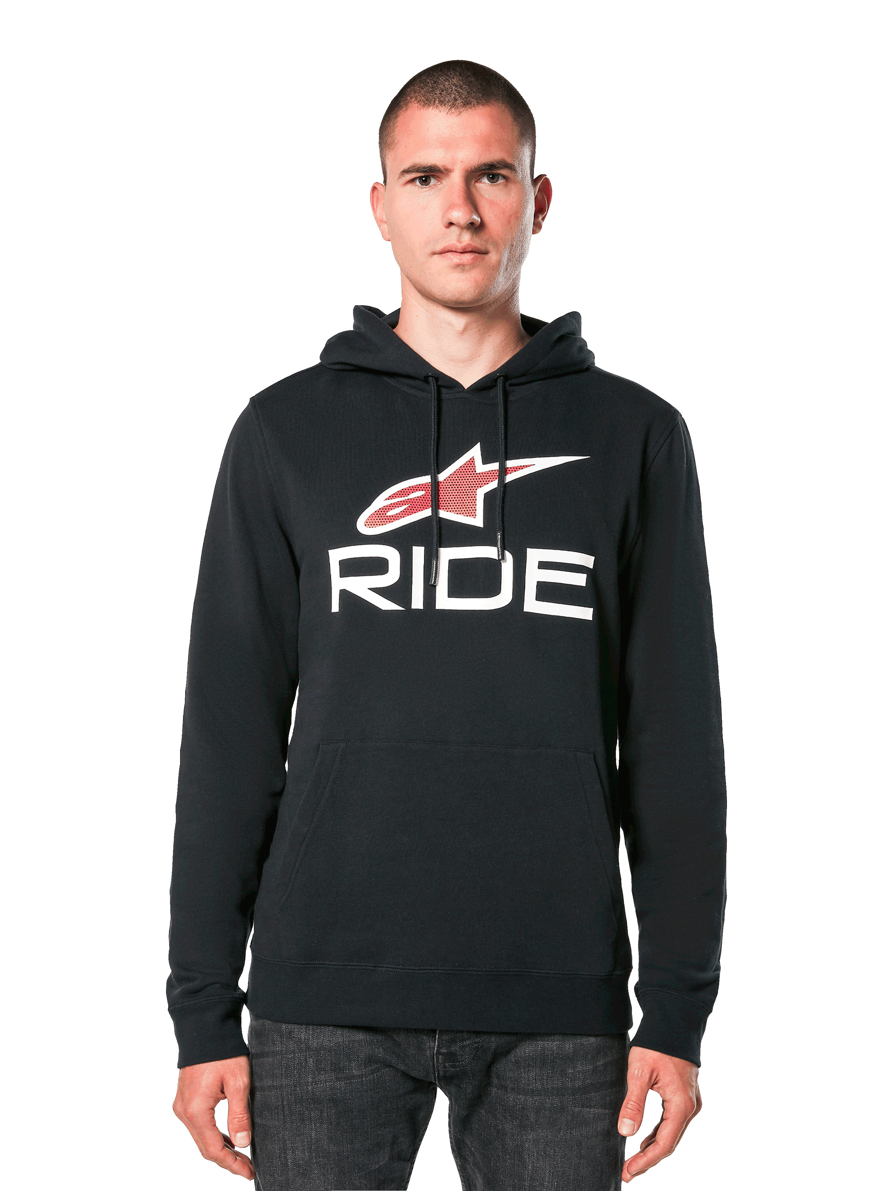 Alpinestars Ride 4.0 Hoodie, felpa con cappuccio nera con logo a stella bianco e rosso e scritta RIDE, felpa pullover con cappuccio a coulisse e tasca frontale, abbigliamento casual ispirato al motorsport
