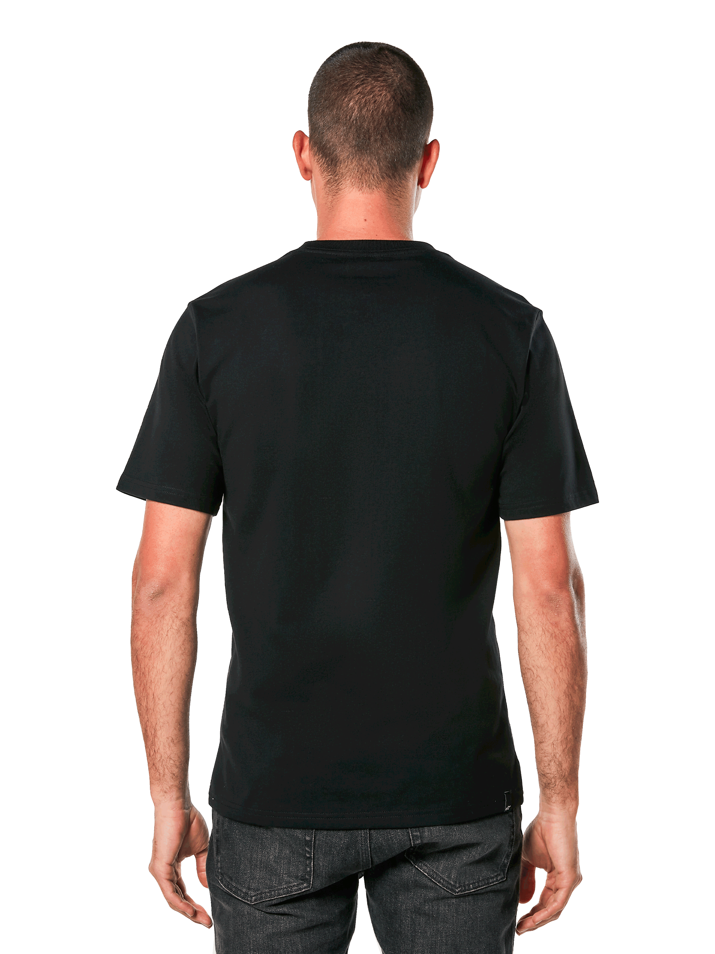 Alpinestars Ageless 2.0 CSF Tee, maglietta a maniche corte, nero, vista posteriore su modello, design semplice con taglio e cucitura, abbigliamento sportivo casual ispirato al motorsport