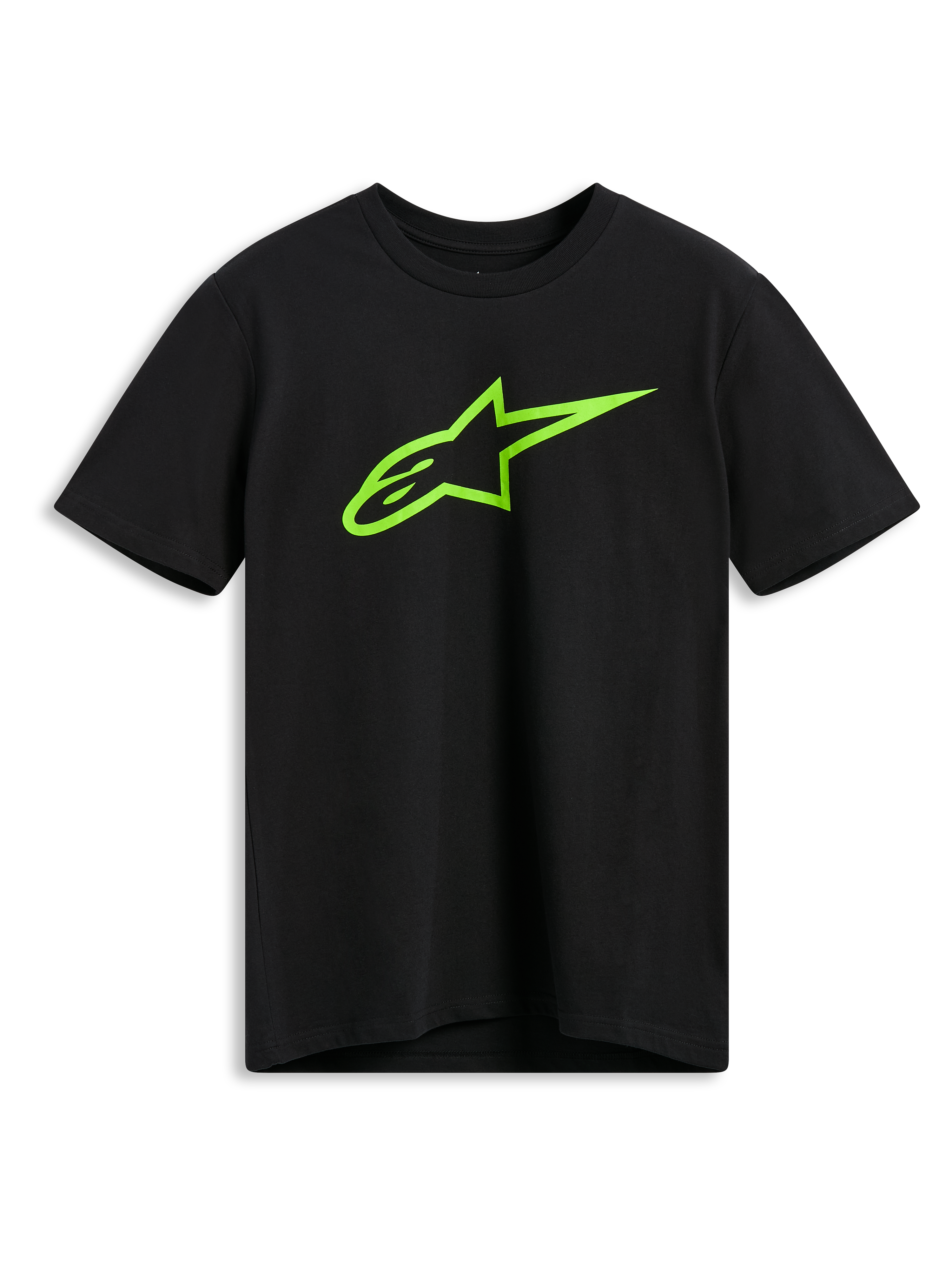 Alpinestars Ageless 2.0 CSF Tee, t-shirt a maniche corte, nera, logo Alpinestars Astar verde lime, abbigliamento casual motorsport streetwear
