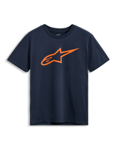 Alpinestars Ageless 2.0 CSF Tee, t-shirt a maniche corte, blu navy con logo Astars arancione, abbigliamento sportivo casual motorsport