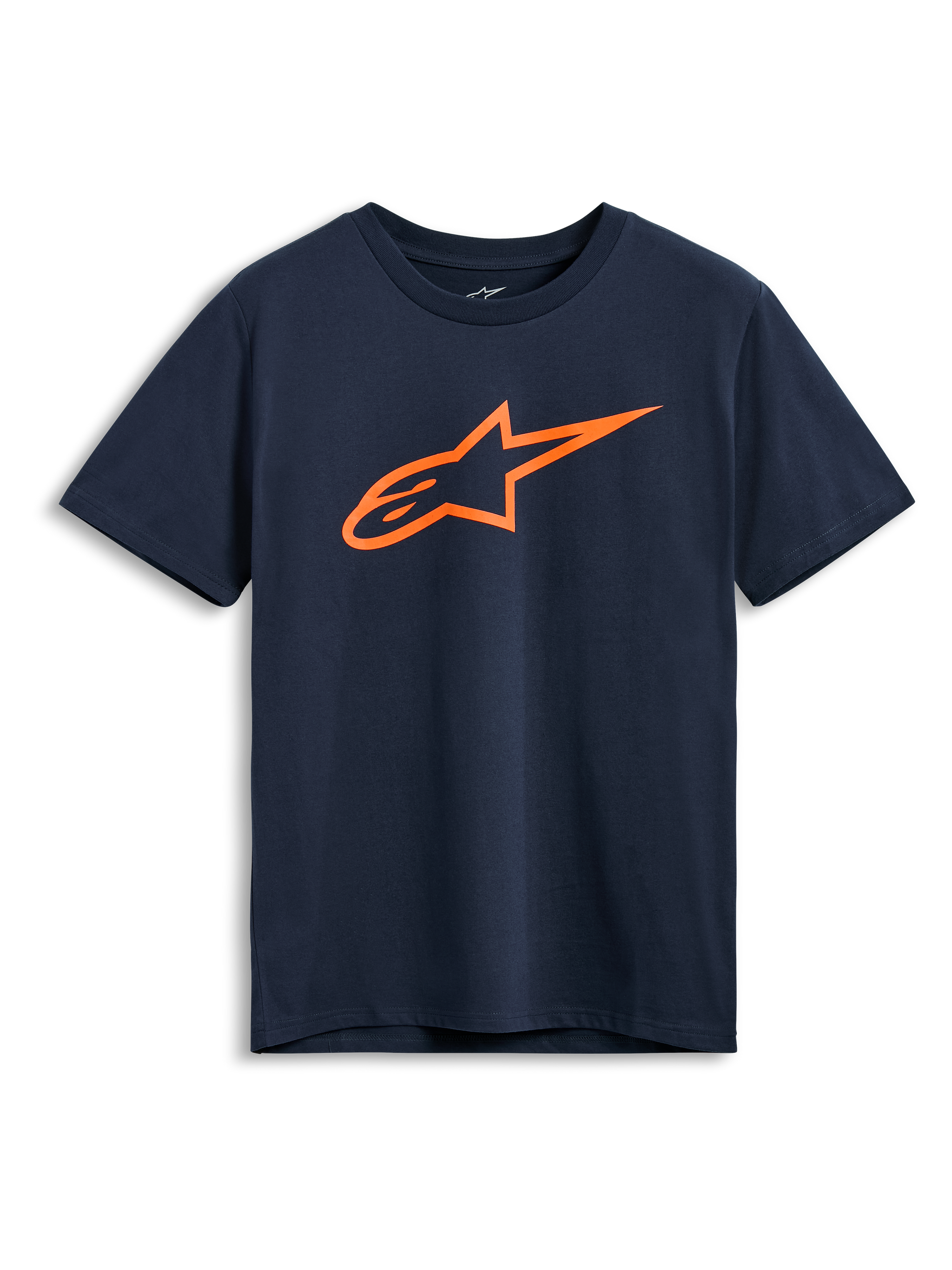 Alpinestars Ageless 2.0 CSF Tee, t-shirt a maniche corte, blu navy con logo Astars arancione, abbigliamento sportivo casual motorsport
