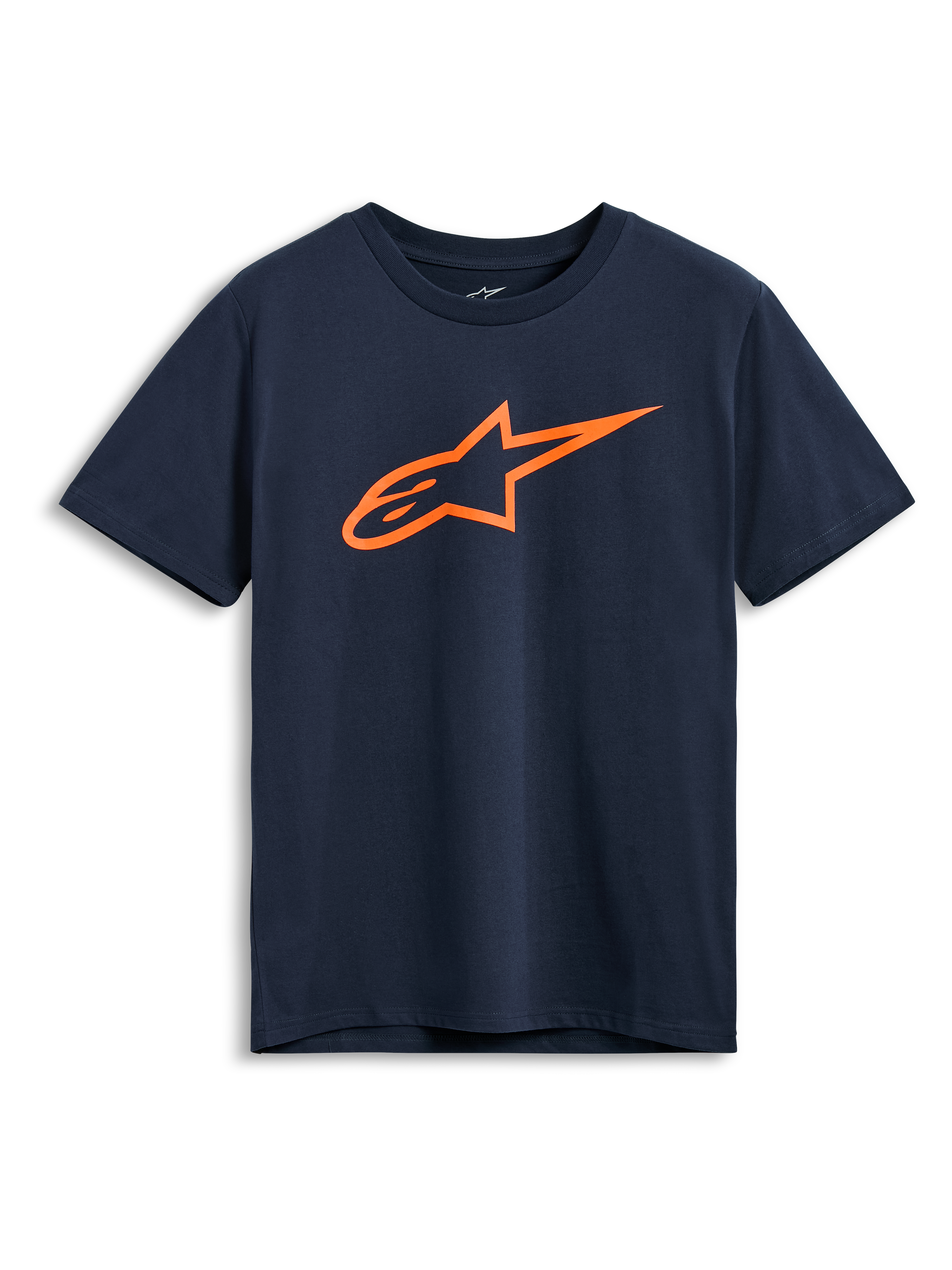 Alpinestars Ageless 2.0 CSF Tee, t-shirt a maniche corte, blu navy con logo Astars arancione, abbigliamento sportivo casual motorsport