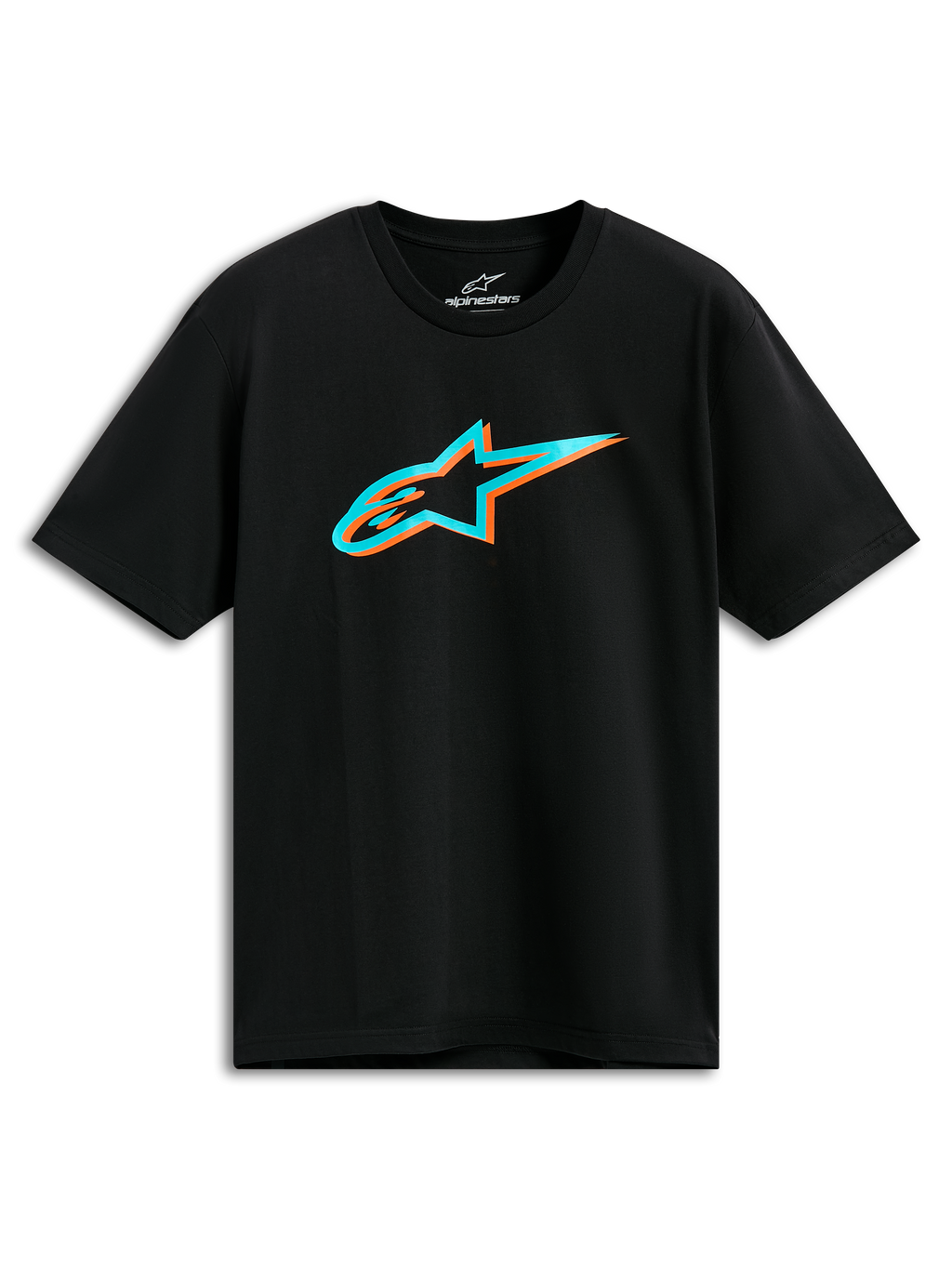 Alpinestars Ageless Shadow CSF Tee, maglietta a maniche corte, nero, logo Astars con ombra turchese e arancione, streetwear casual motorsport