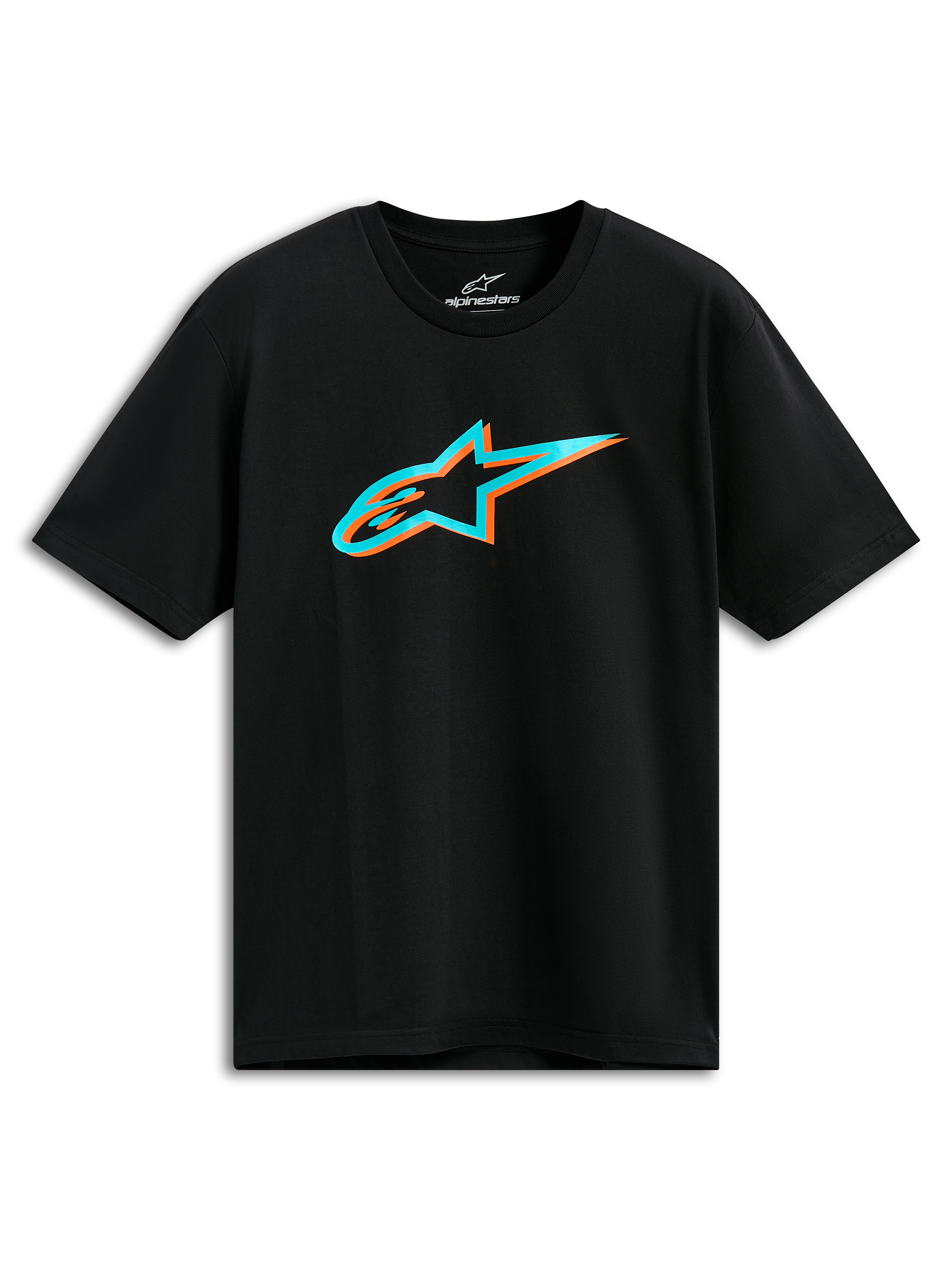 Alpinestars Ageless Shadow CSF Tee, maglietta a maniche corte, nero, logo Astars con ombra turchese e arancione, streetwear casual motorsport
