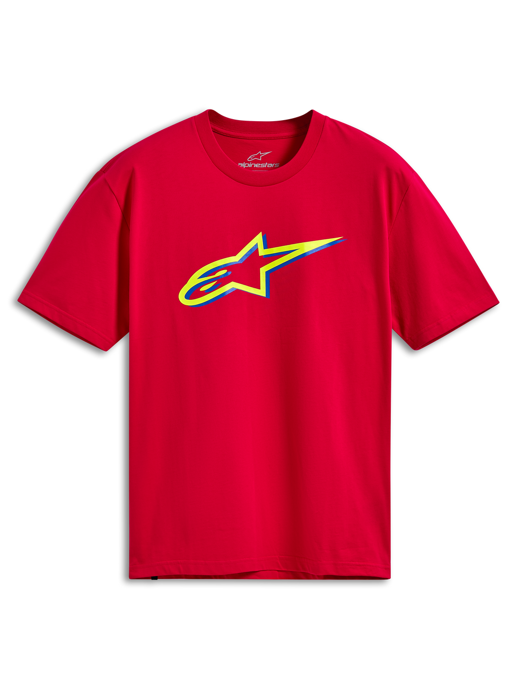 Alpinestars Ageless Shadow CSF Tee, t-shirt a maniche corte, rossa, con grafica del logo Ageless stratificato giallo e blu sul petto, abbigliamento streetwear casual da motorsport