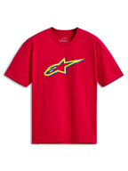 Alpinestars Ageless Shadow CSF Tee, t-shirt a maniche corte, rossa, con grafica del logo Ageless stratificato giallo e blu sul petto, abbigliamento streetwear casual da motorsport