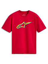 Alpinestars Ageless Shadow CSF Tee, t-shirt a maniche corte, rossa, con grafica del logo Ageless stratificato giallo e blu sul petto, abbigliamento streetwear casual da motorsport