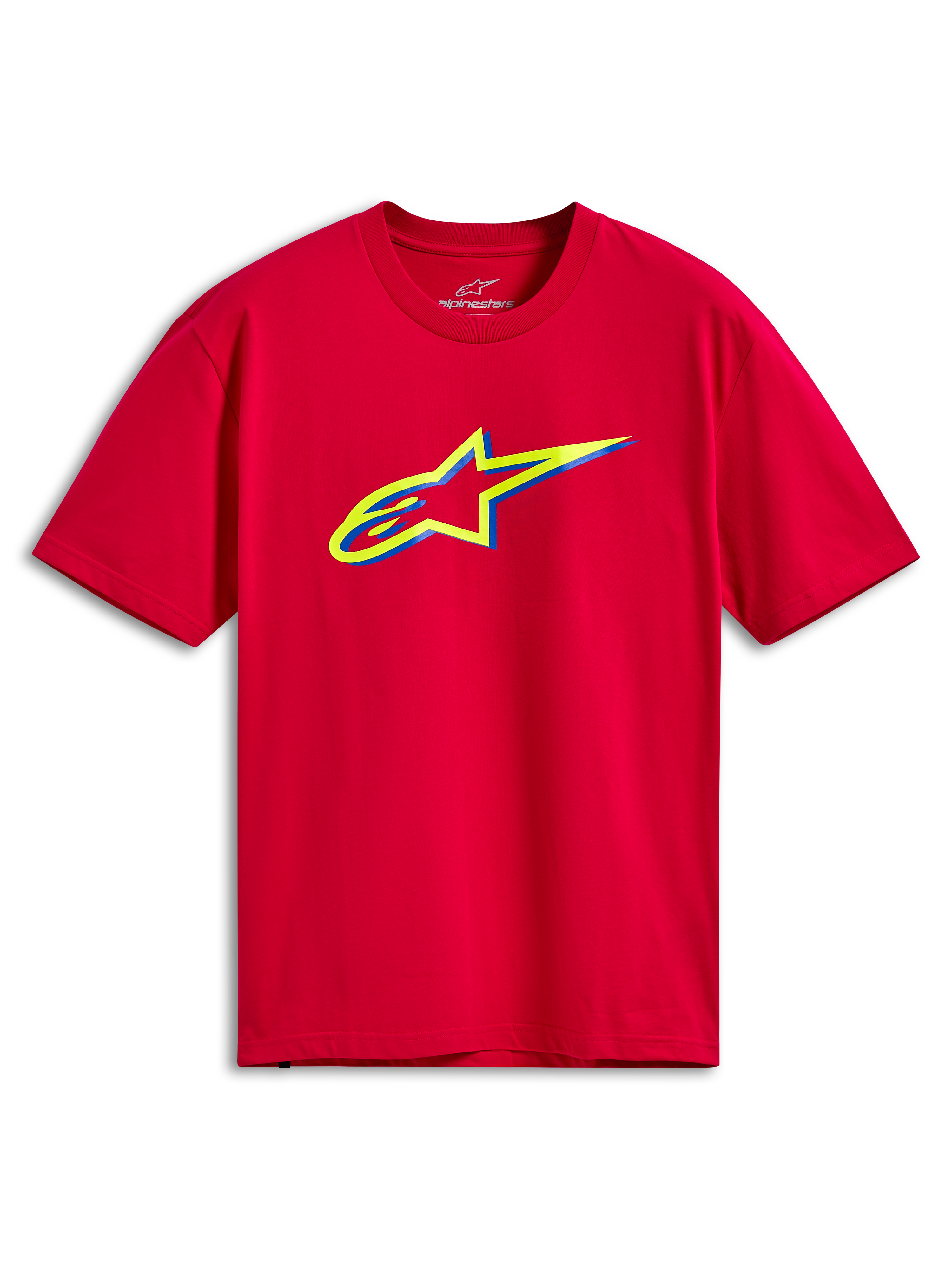 Alpinestars Ageless Shadow CSF Tee, t-shirt a maniche corte, rossa, con grafica del logo Ageless stratificato giallo e blu sul petto, abbigliamento streetwear casual da motorsport