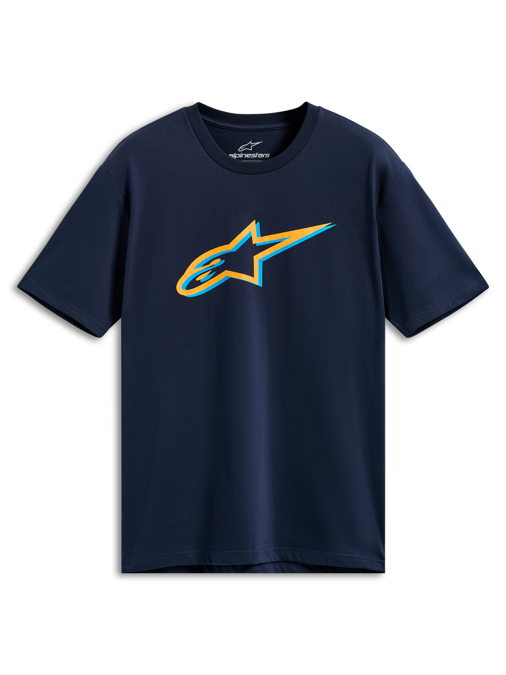 Alpinestars Ageless Shadow CSF Tee, maglietta a maniche corte, blu navy, logo Ageless Shadow arancione e azzurro sul petto, abbigliamento sportivo casual