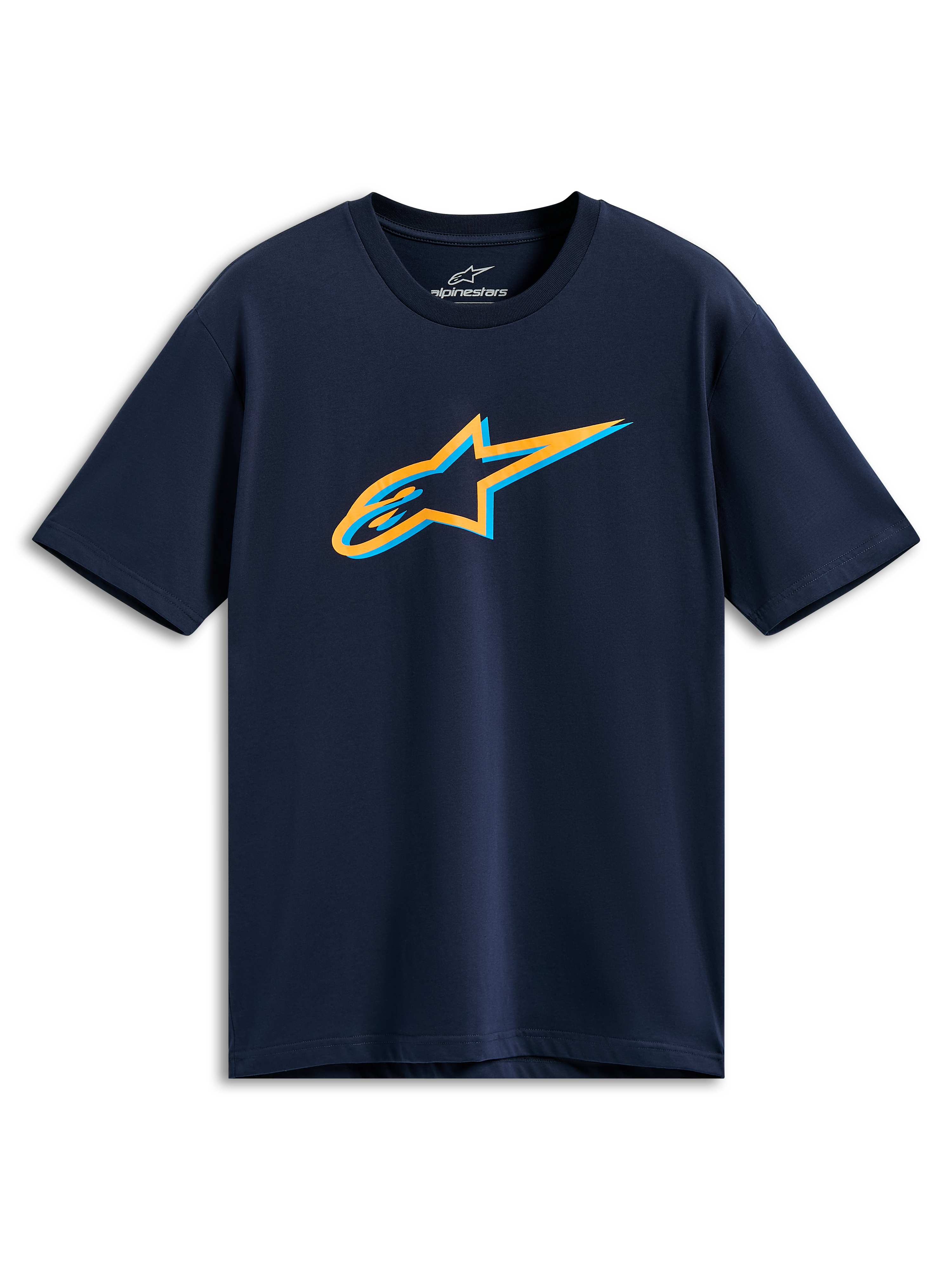 Alpinestars Ageless Shadow CSF Tee, maglietta a maniche corte, blu navy, logo Ageless Shadow arancione e azzurro sul petto, abbigliamento sportivo casual