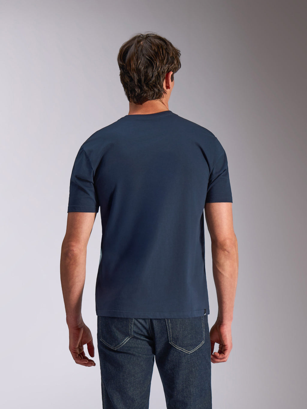 Alpinestars Ageless Shadow CSF Tee, t-shirt a maniche corte, blu navy, vista posteriore, indossata da un modello con denim scuro, abbigliamento lifestyle casual motorsport