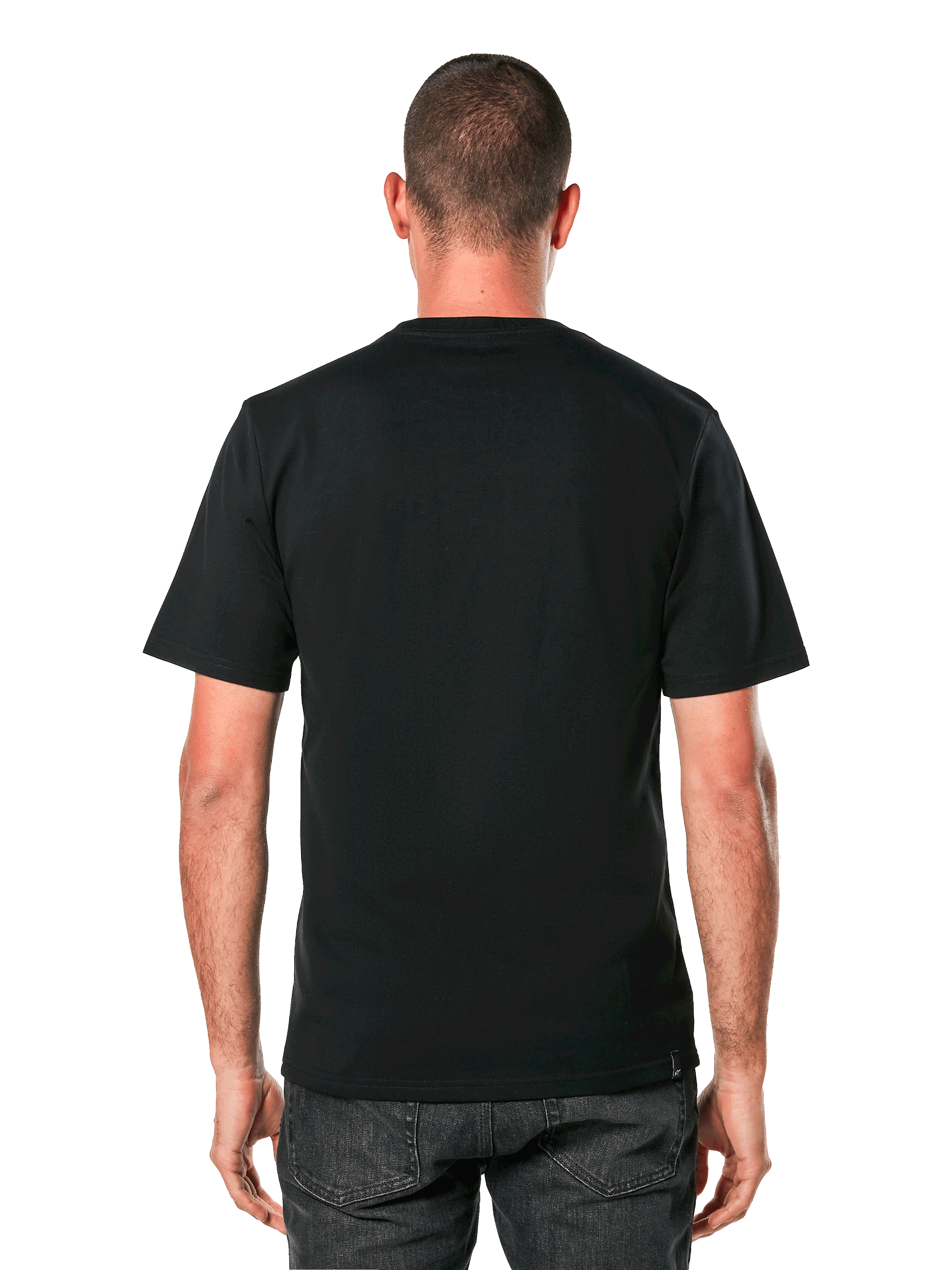 Alpinestars Always 2.0 CSF Tee, t-shirt a maniche corte, nero, vista posteriore con design semplice sul retro, indossata da un modello, abbigliamento casual motorsport streetwear