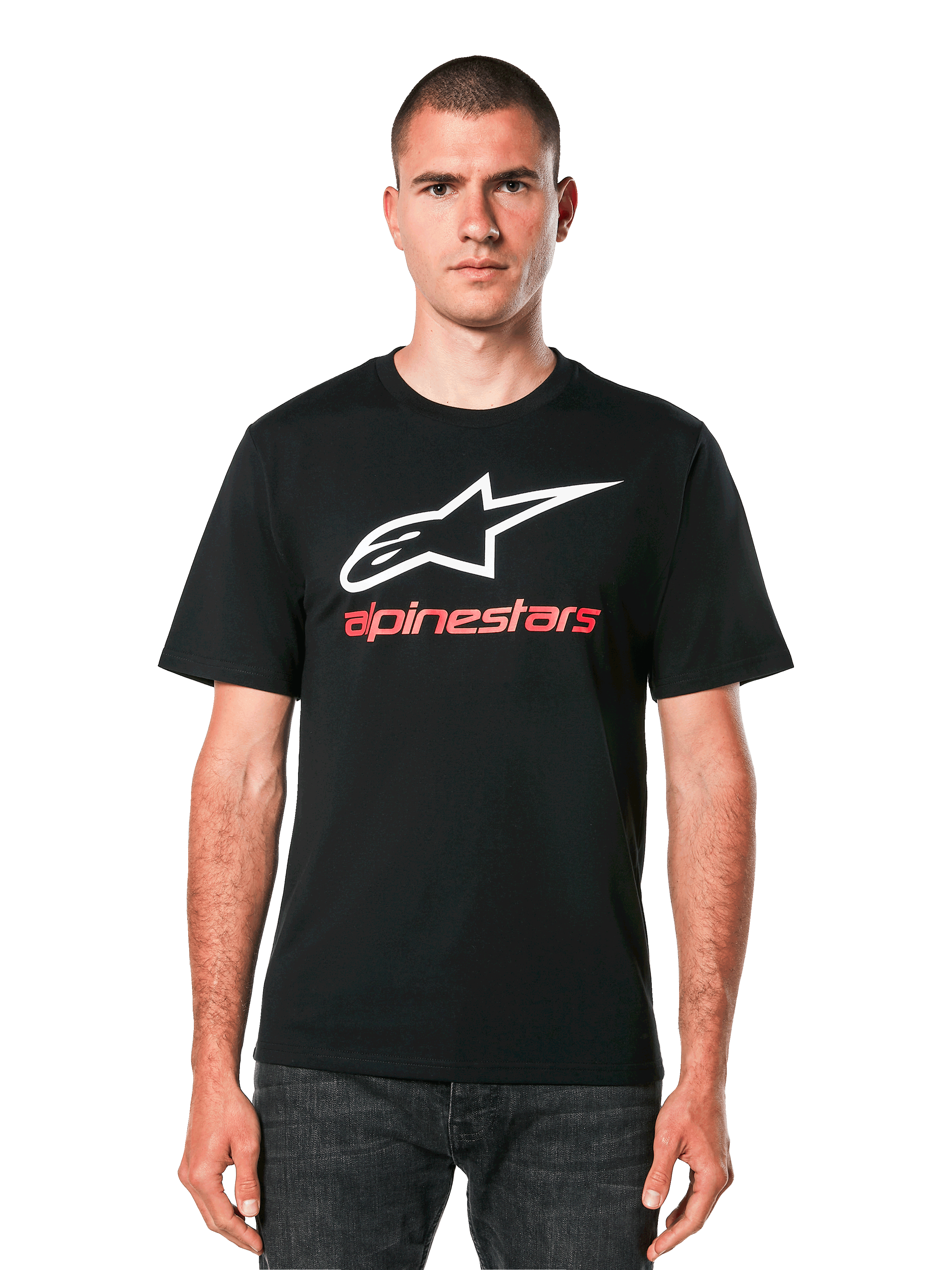 Alpinestars Always 2.0 CSF Tee, t-shirt a maniche corte, nera con logo a stella bianco e scritta Alpinestars rossa, abbigliamento casual streetwear ispirato al motorsport