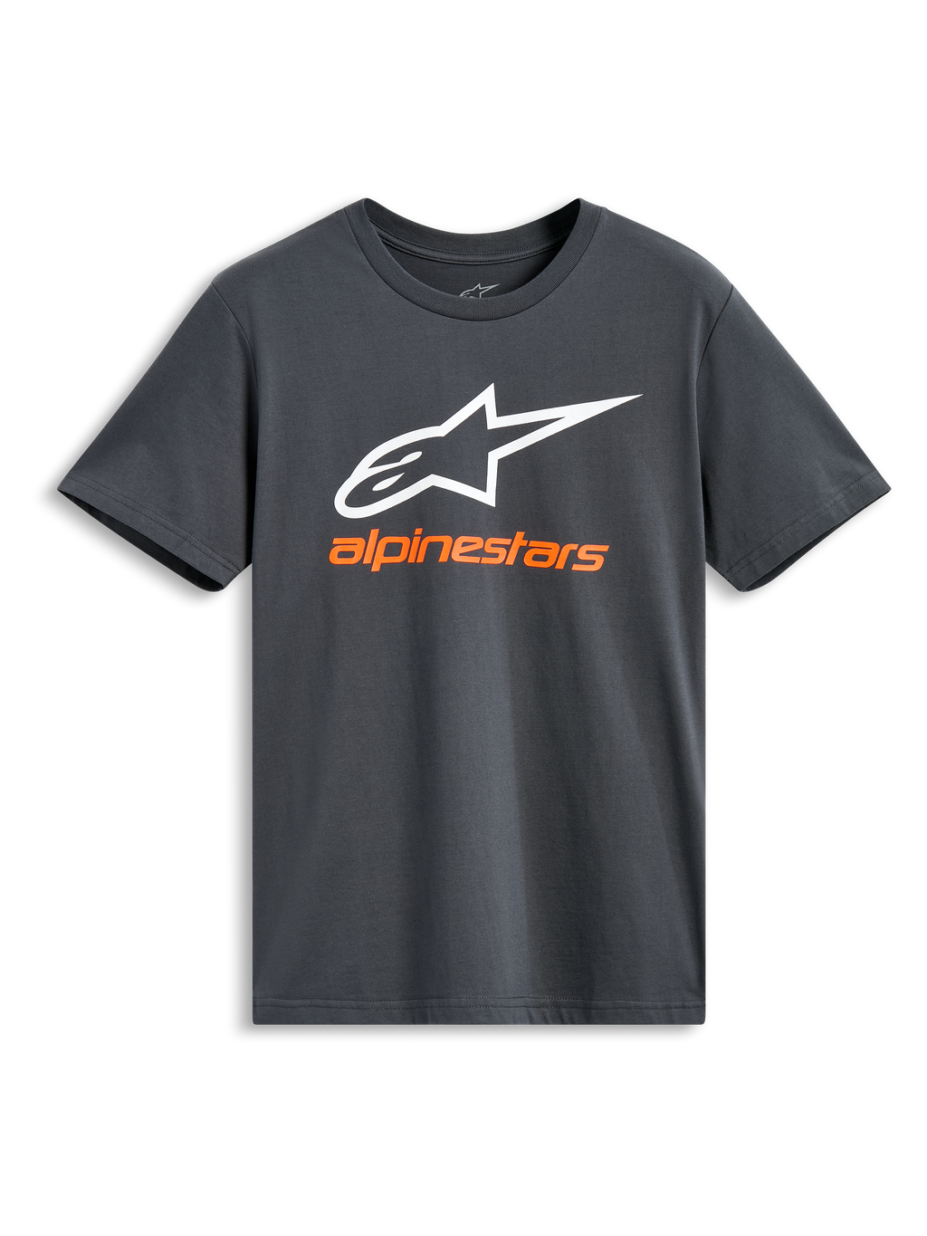 Alpinestars Always 2.0 CSF Tee, maglietta a maniche corte, grigio antracite, grande logo Alpinestars bianco con scritta del marchio arancione, abbigliamento casual motorsport