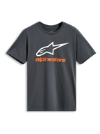 Alpinestars Always 2.0 CSF Tee, maglietta a maniche corte, grigio antracite, grande logo Alpinestars bianco con scritta del marchio arancione, abbigliamento casual motorsport