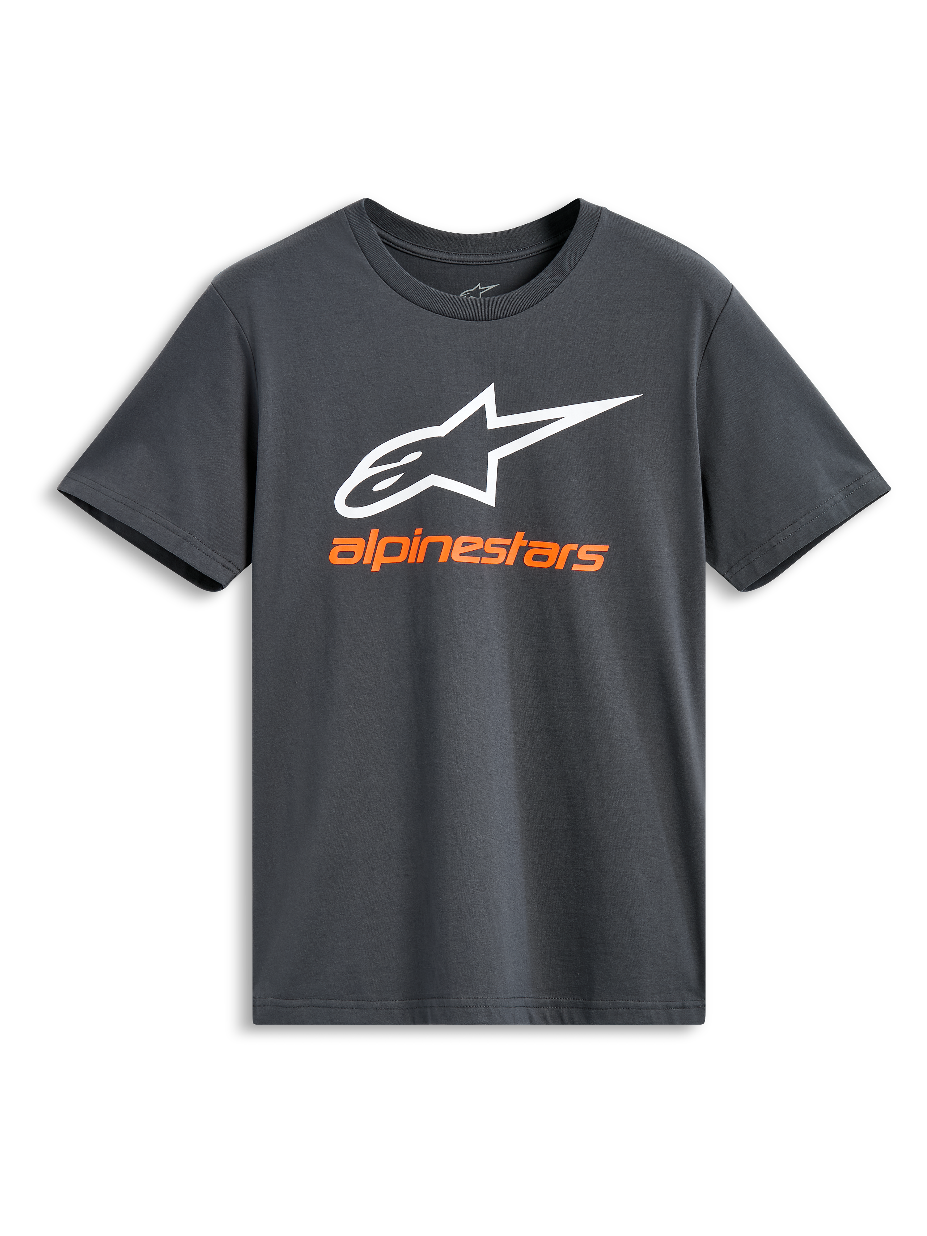 Alpinestars Always 2.0 CSF Tee, maglietta a maniche corte, grigio antracite, grande logo Alpinestars bianco con scritta del marchio arancione, abbigliamento casual motorsport