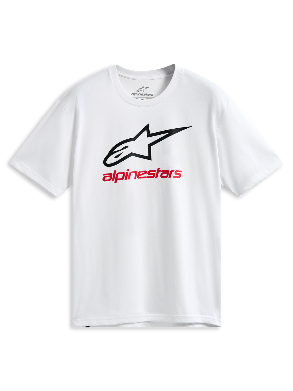 Alpinestars Always 2.0 CSF Tee, t-shirt a maniche corte, bianca, logo Astars con profilo nero e grafica Alpinestars rossa, abbigliamento sportivo casual motorsport