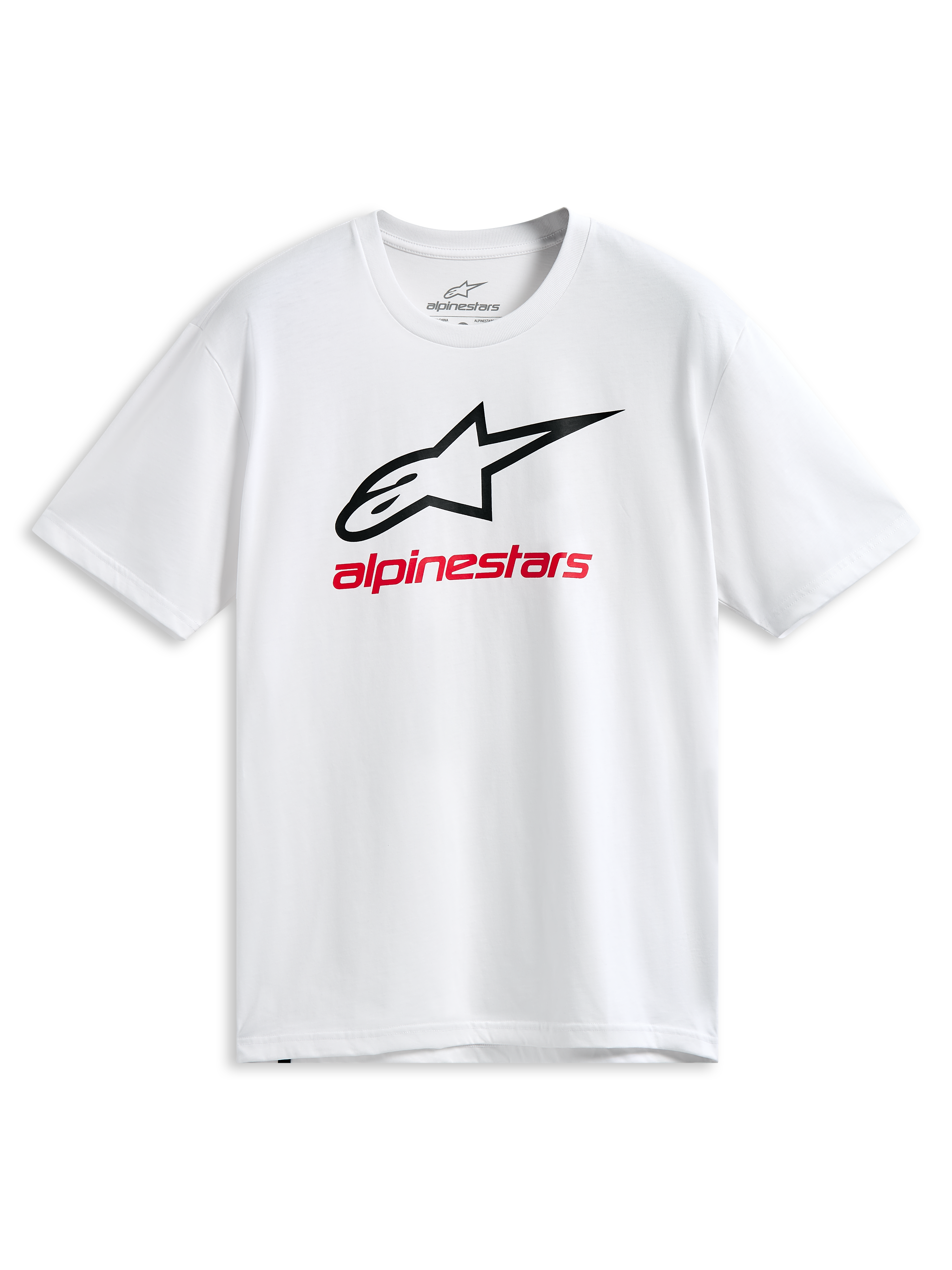 Alpinestars Always 2.0 CSF Tee, t-shirt a maniche corte, bianca, logo Astars con profilo nero e grafica Alpinestars rossa, abbigliamento sportivo casual motorsport