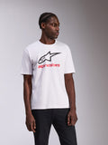 Alpinestars Always 2.0 CSF Tee, t-shirt a maniche corte, bianca, logo Alpinestars nero e testo rosso, abbigliamento sportivo casual motorsport