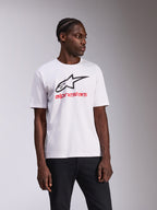 Alpinestars Always 2.0 CSF Tee, t-shirt a maniche corte, bianca, logo Alpinestars nero e testo rosso, abbigliamento sportivo casual motorsport