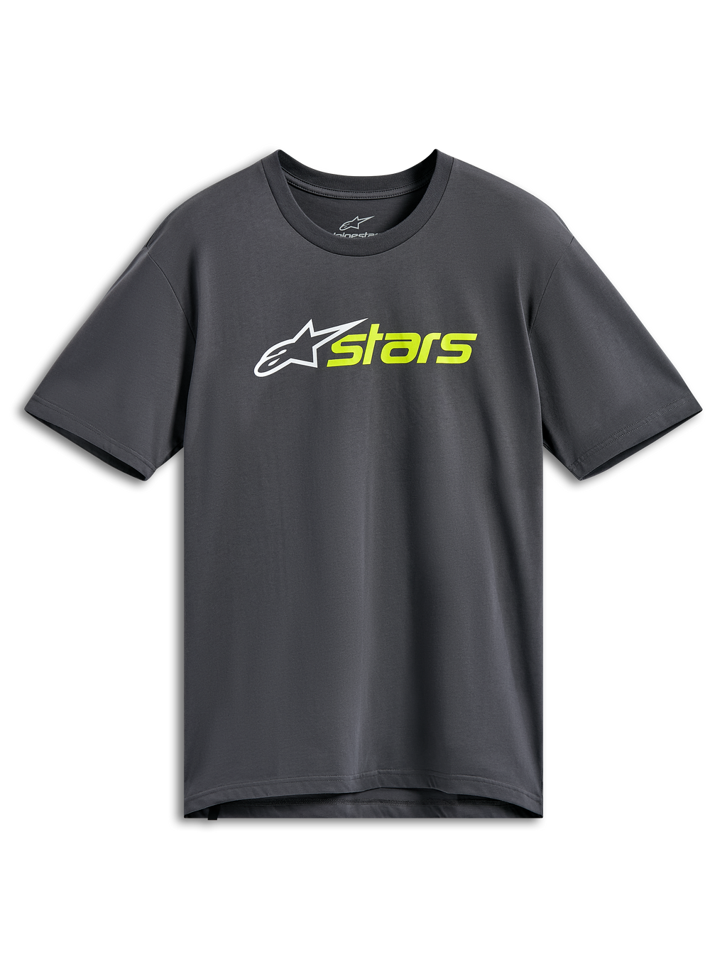 Alpinestars Blaze 2.0 CSF Tee, t-shirt a maniche corte, grigio antracite, logo a stella bianco con scritta stars in giallo fluo, abbigliamento casual motorsport streetwear