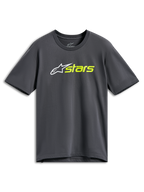 Alpinestars Blaze 2.0 CSF Tee, t-shirt a maniche corte, grigio antracite, logo a stella bianco con scritta stars in giallo fluo, abbigliamento casual motorsport streetwear