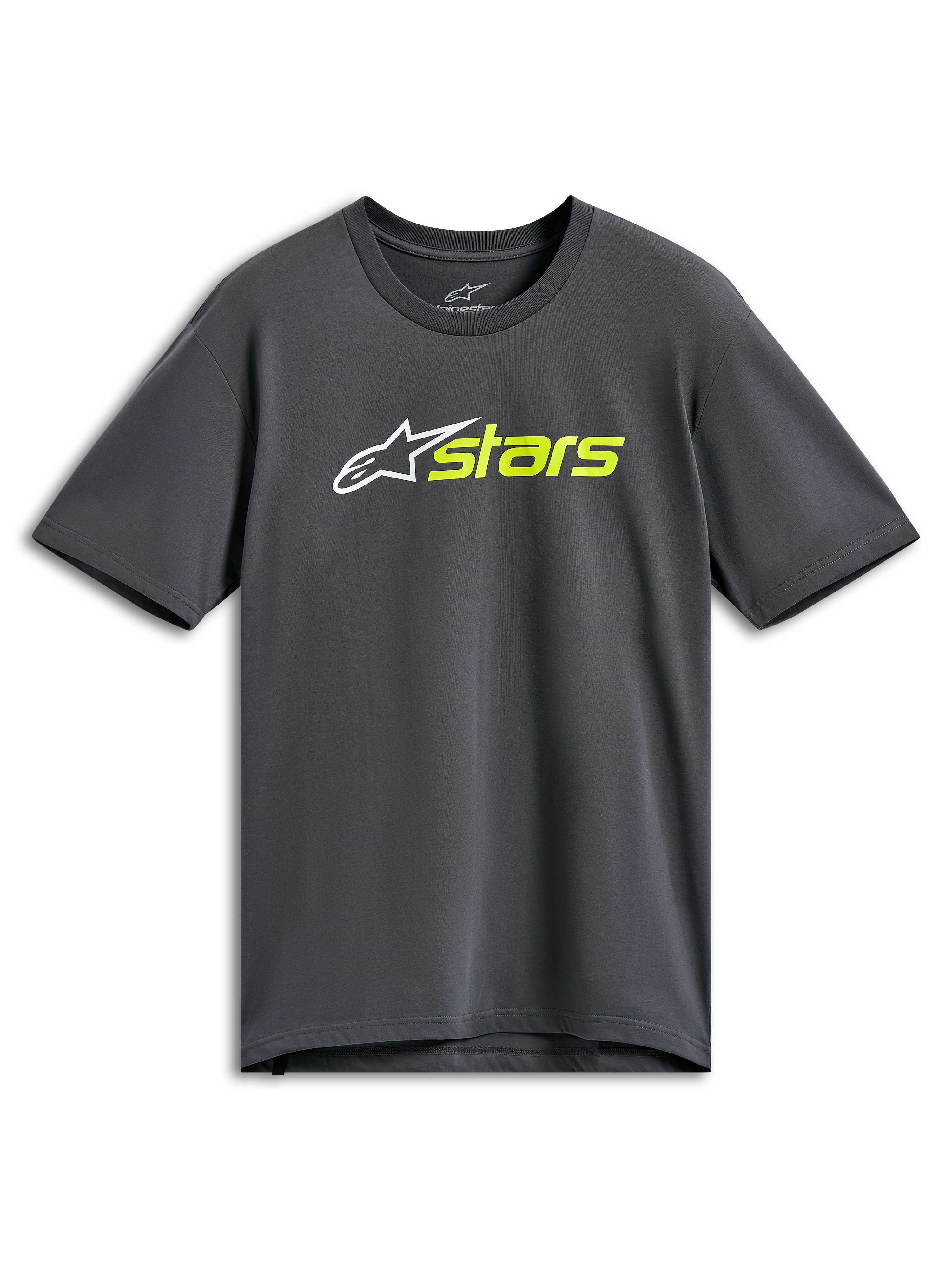 Alpinestars Blaze 2.0 CSF Tee, t-shirt a maniche corte, grigio antracite, logo a stella bianco con scritta stars in giallo fluo, abbigliamento casual motorsport streetwear